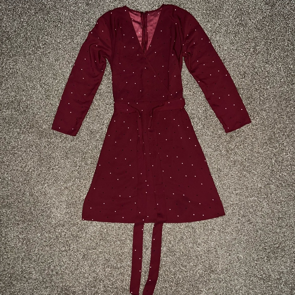 Elegant Vintage OG Burgundy White Black Dots Long Sleeve Pajama Dress